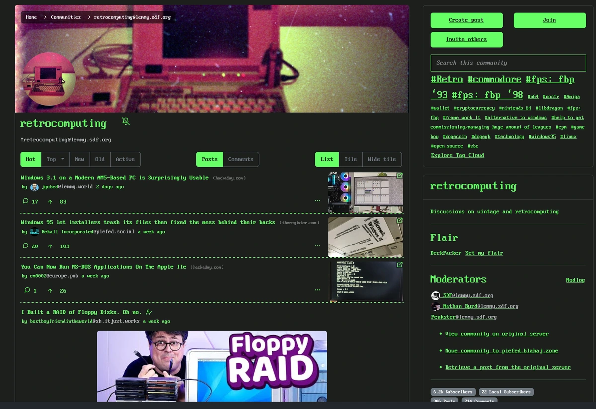 A screenshot of the !retrocomputing@lemmy.sdf.org community with a retro theme applied