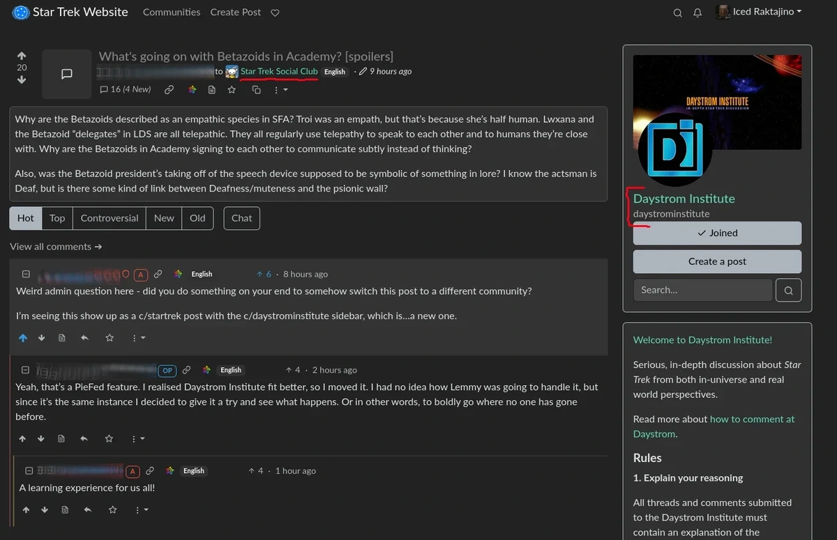 Possible Bug Report:  When a Piefed user edits a post and changes the community, Lemmy only half changes it.