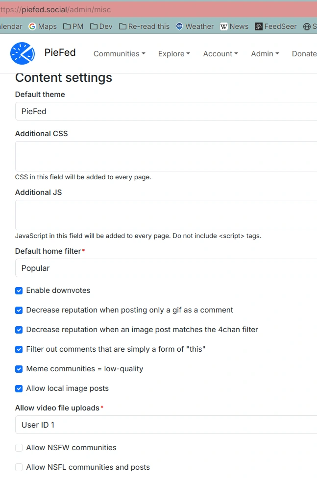 Piefed admin settings that allow to enable or disable content filters (they are disabled by default, see body for details)