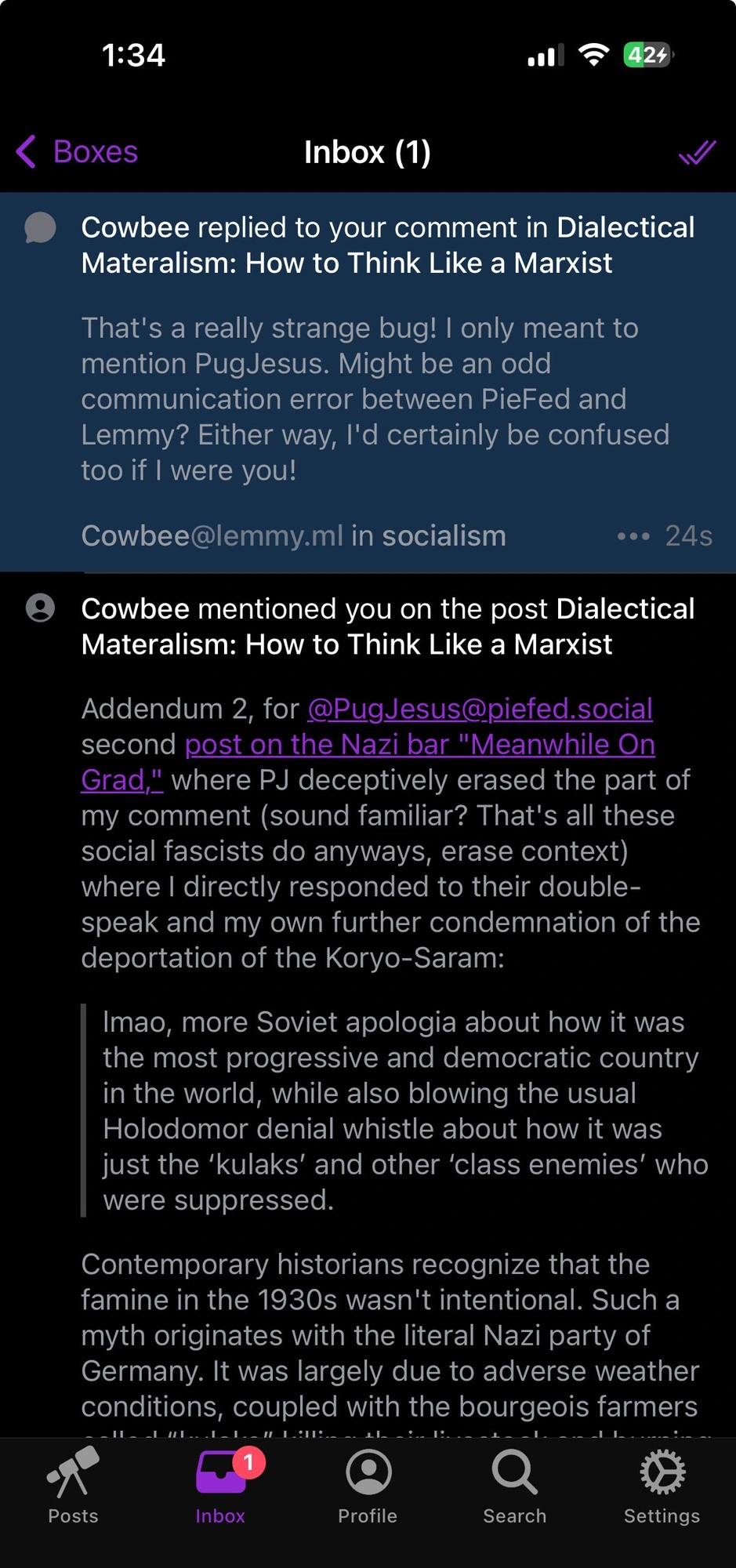 Inbox message of mention in a comment I wasn't mentioned in